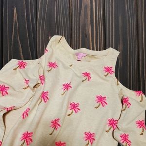 Lilly Pulitzer pink palm tree cold shoulder top